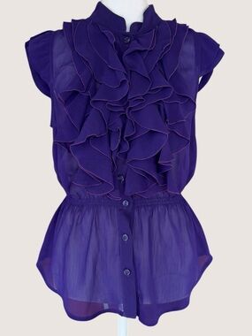 Miley Cyrus Max Azria Purple Sheer Ruffle Blouse Peplum Top L